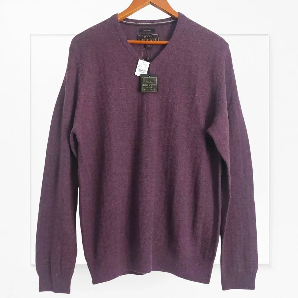 JoS. A. Bank Men's Wool Sweater L Burgundy Pullover V Neck Classic Menswear NEW - Picture 1 of 8